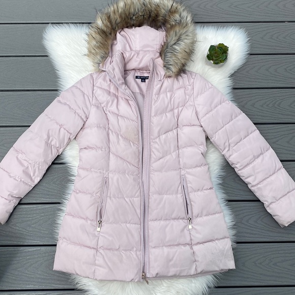 INC International Concepts Jackets & Blazers - INC midi pink puffer jacket with removable fur hood
